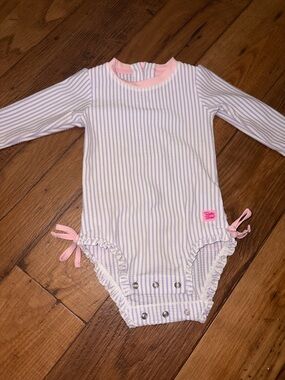 Ruffle Butts Pink & White Striped Long-Sleeve One-Piece